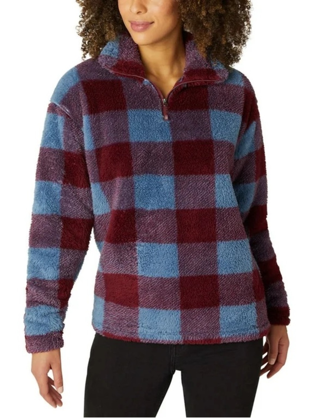 Eddie Bauer Blue and Burgundy Check Teddy Jacket